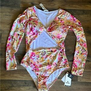 Rip Curl copacabana swim surfsuit UPF floral twist knot cutout bathing suit